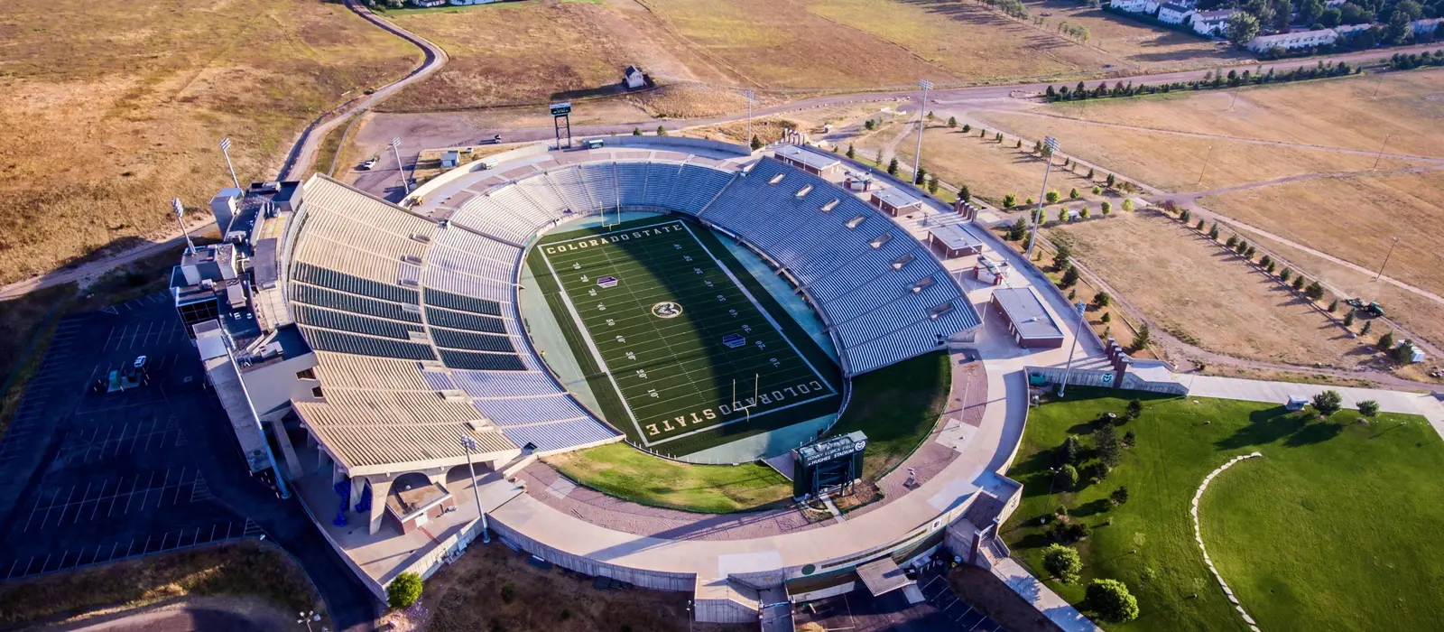 Aerial view of the Colorado State University football stadium near Fort Collins.
