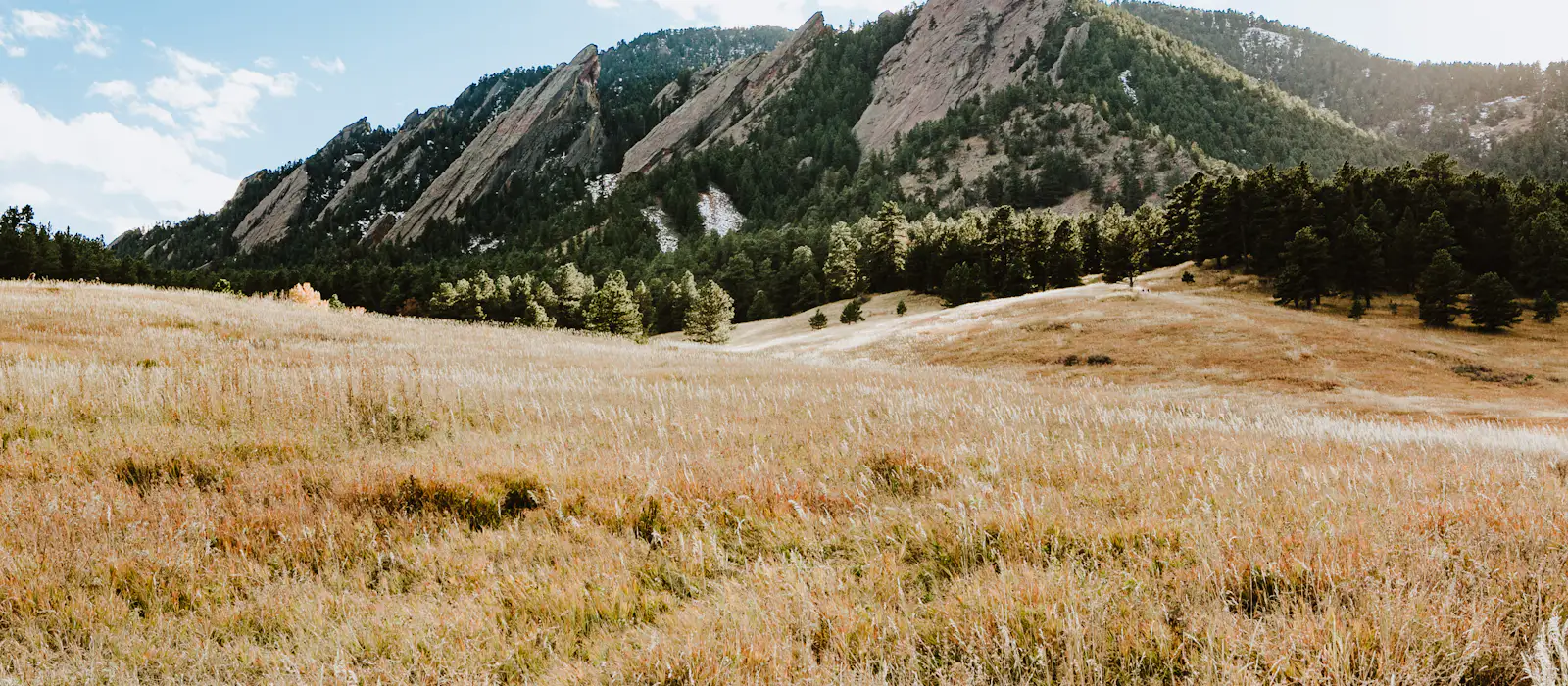 The Flatirons rising above open grassland west of Boulder.
