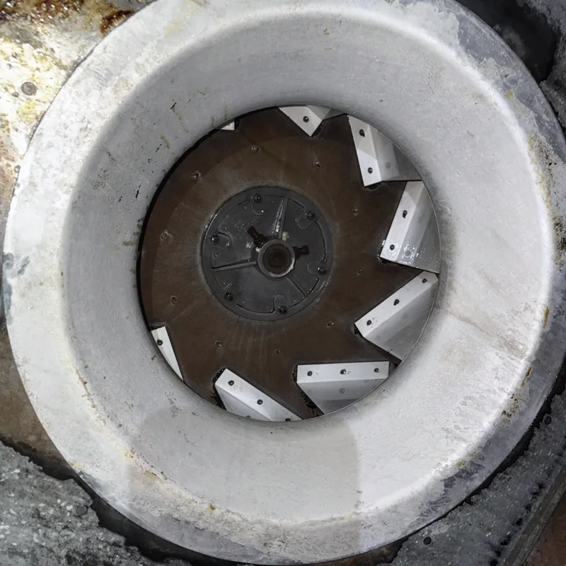 Restaurant exhaust fan wheel after cleaning, blades and housing clean, Denver.